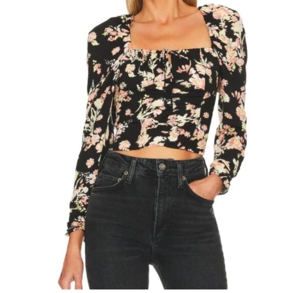 Free People Ruched Smocked Button Sleeve Crop Top Large Floral Black EUC